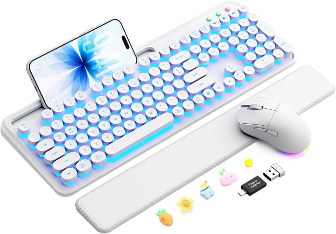 Wireless Keyboard and Mouse, Backlit Typewriter with Magnetic Wrist Rest | Phone Holder, Light Up Round Keycaps, Lighting Mouse, 2.4GHz Cordless Set for Mac, Windows, PC, Laptop, SABLUTE