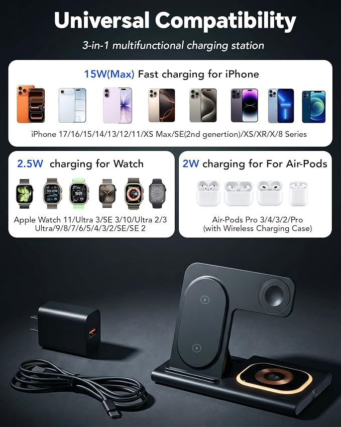 3 in 1 Foldable Wireless Fast Charging Station for Apple Multiple Devices | iPhone Charging Station for iPhone 17, Travel iWatch Charger Stand, Light Nightstand Charging Dock for Apple Watch/Airpods