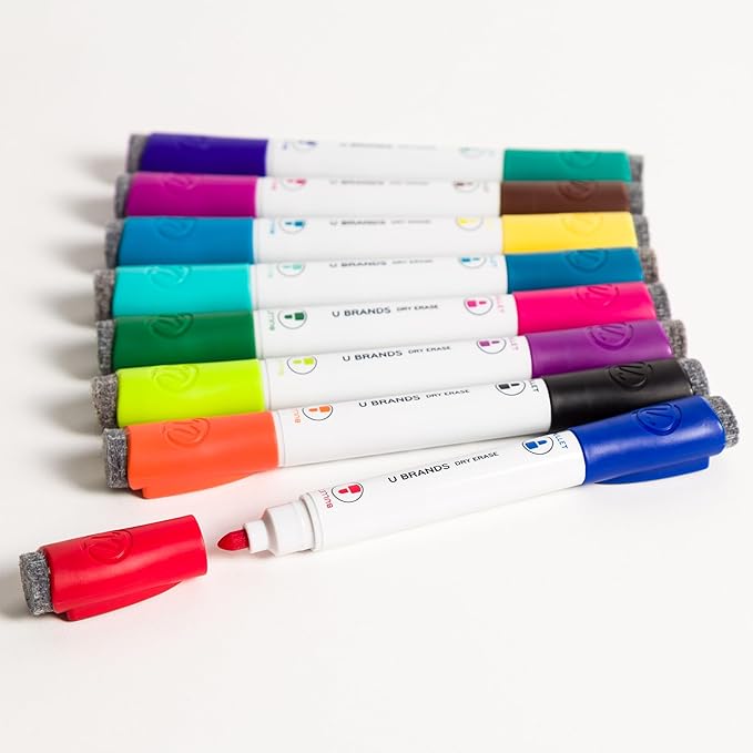 U Brands Fine Tip Dry Erase Markers with Eraser, Magnetic Double Ended Whiteboard Markers, Low Odor, Assorted Bright Colors, Set of 8