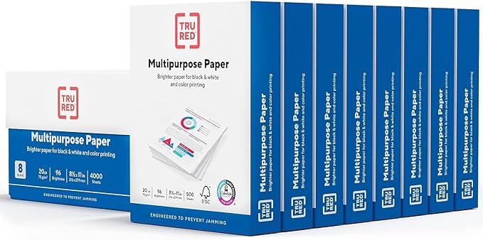 TRU RED 8.5" x 11" Multipurpose Paper, 20 lbs., 96 Brightness, 500 Sheets/Ream, 8 Reams/Carton