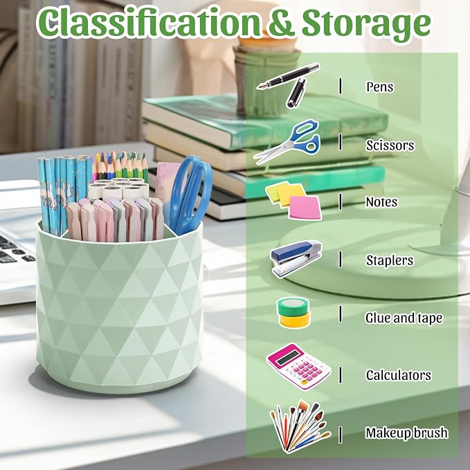 minimaliving Desk Organizer,Sparkling Diamond-like Pen Holder for Desk 360°Rotating Office Accessories,Pencil Cup with 5 Compartments Storage Box Caddy for Office,School,Home,Art Supply(Green)