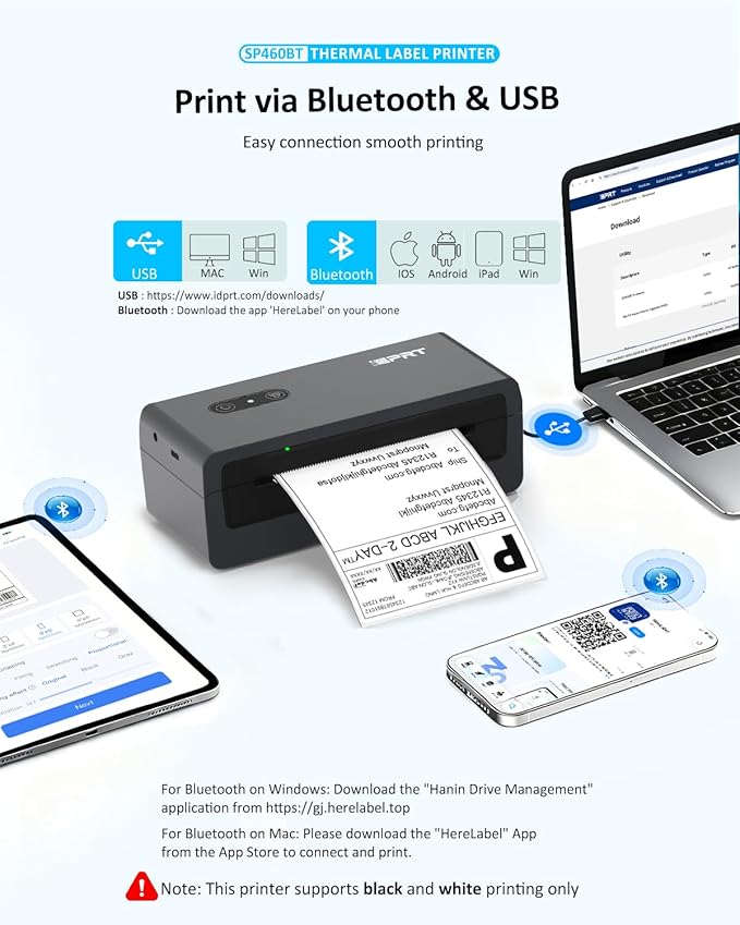 iDPRT Bluetooth Thermal Shipping Label Printer, 4x6 Wireless High-Speed Label Maker for Small Business, Compatible with Android, iPhone, Windows & Mac for Amazon, Ebay, Shopify, USPS, SP460BT