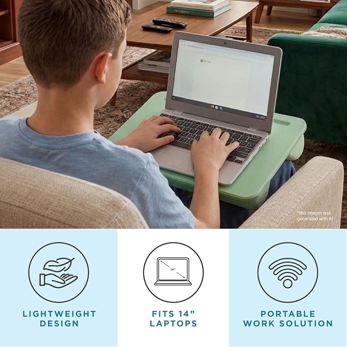 LAPGEAR Compact Lap Desk – Sage Green, Fits 14" Laptops | Microbead Cushion, Built-In Pencil Slot, Carry Handle, Fits Standard Letter-Size Paper (8.5" × 11")