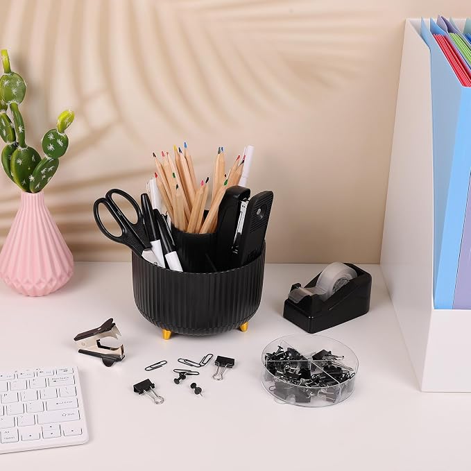 SKYDUE Black Office Supplies with Pencil Holder,Desk Accessories 11PCS | Office Desk Accessories Included Stapler with Staples, Staple Remover,Tape Dispenser, Binder Paper Clips Kit,Scissor, Pens