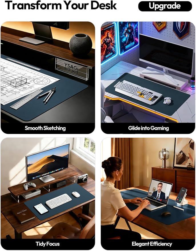 YSAGi Leather Desk Pad Protector, Office Desk Mat, Large Mouse Pad, Non-Slip PU Leather Desk Blotter, Laptop Desk Pad, Waterproof Desk Writing Pad for Office and Home (Dark Blue,55" x 17.2")