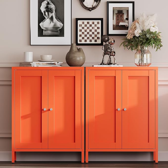 YAUWOH Metal Bathroom Storage Cabinet, Bathroom Floor Storage Cabinet with 2 Adjustable Shelves and 2 Doors,Freestanding Metal Sideboard for Small Spaces, Living Room, Dining Room,Orange