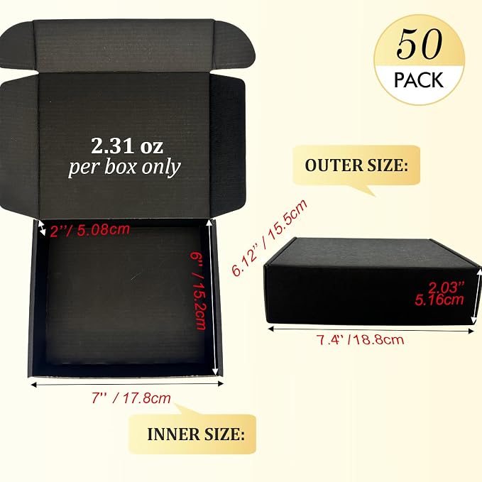 Small Shipping Boxes 7x6x2, Set of 50, Black Corrugated Cardboard Box Mailer (YD762-50BK)