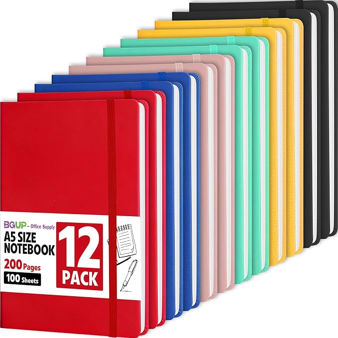 12 Pack Lined Journal Notebook for Work, 200 Pages, Medium 5.5 in x 8.3 in, 6 Colors A5 College Ruled, Hardcover Journaling Notebooks for Writing, Note Taking