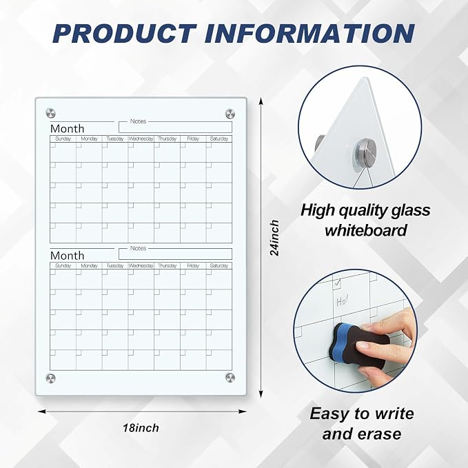 Glass Whiteboard Calendar Dry-Erase White Board Planner Glass Large Wall Mounted Calendar with Marker Tray for Wall Home or Office(Transparent,24" X 18",2 Month)