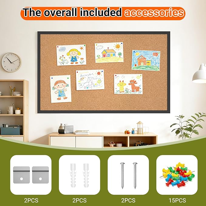 Cork Board Bulletin Board with Black Wood Frame， 32 x 48 Large Corkboard Pin Board for Wall,Office,Home and School