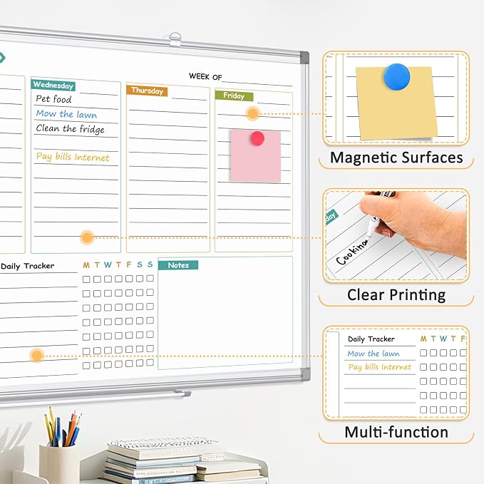 Weekly Dry Erase Calendar Whiteboard with Corkboard, 24" x 18", Silver | Magnetic, White Board Cork Board Combo, Double Sided, Wall Mounted, Aluminum Frame, for Home, Office, Kitchen, Dorm