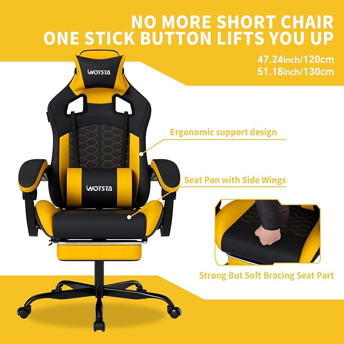 Gaming Chair with Massage,Ergonomic PC Gaming Chair with Footrest Comfortable Headrest and Lumbar Support,High Back Game Chair PVC Leather,300LBS (Sunflower Yellow)