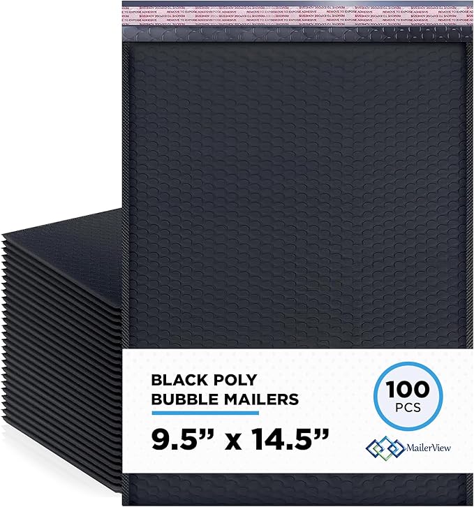 Black Large Poly Bubble Mailers 9.5x14.5 inch #4 | Self Seal Padded Envelopes Cushioned Bubble Mailer | Usable Size 9.5x13.5 | WaterProof | Lightweight mailing Shipping Bags | 100 Pack Bulk