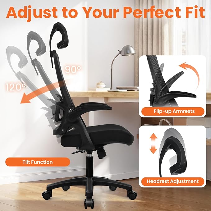 NEO CHAIR Office Desk Chair with Ergonomic High Back Mesh Headrest, Black | Adjustable Headrest and Lumbar Support with Flip-Up Armrests Designed for Extended Sitting Comfort While Saving Space