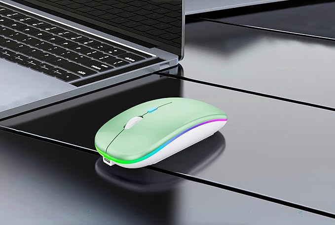 Wireless Bluetooth Mouse Rechargeable Laptop Mice with LED Lights Silent Slim Use(BT5.2 and 2.4G Portable USB Receiver)Dual Mode Computer Mouse for Laptop/iPad/Tablet/Apple/Computer/Mac(Green)