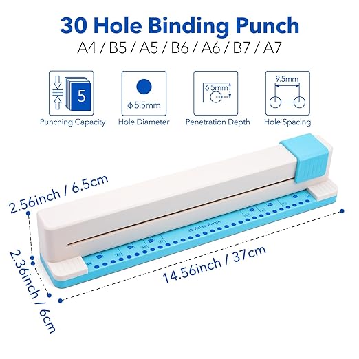 30 Hole Paper Punch, Binding Machine for Planner, A4 A5 A6 A7 B5 B6 B7 Book Binder Notebooks Loose Leaf Paper Punch Machine, Portable Adjustable Hole Puncher, 5-Sheet Capacity, for School, Office