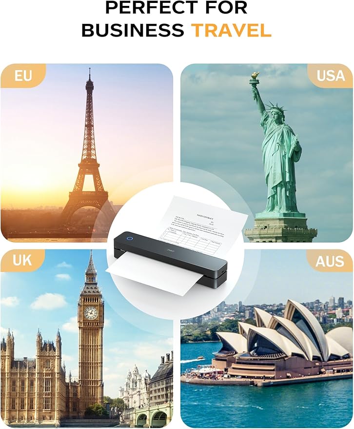PRT Portable Printer Wireless for Travel, Thermal Inkless Small Bluetooth Mobile Printer, Support 8.5" X 11" US Letter, A4, Compatible with Phone, Laptop for Office, Vehicles, Home Use, 300 DPI, Black