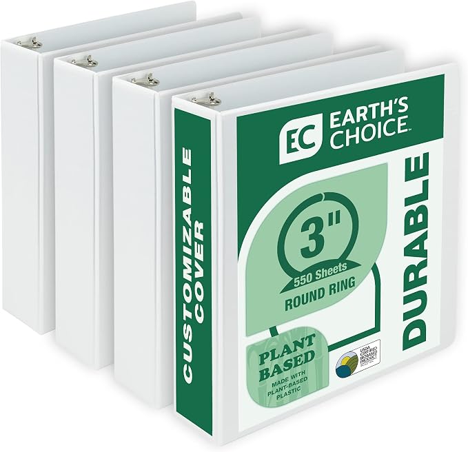 Samsill Plant-Based 3 Inch Durable Round Ring, View Binder, Eco-Friendly, USDA Certified Biobased, 4 Pack, White