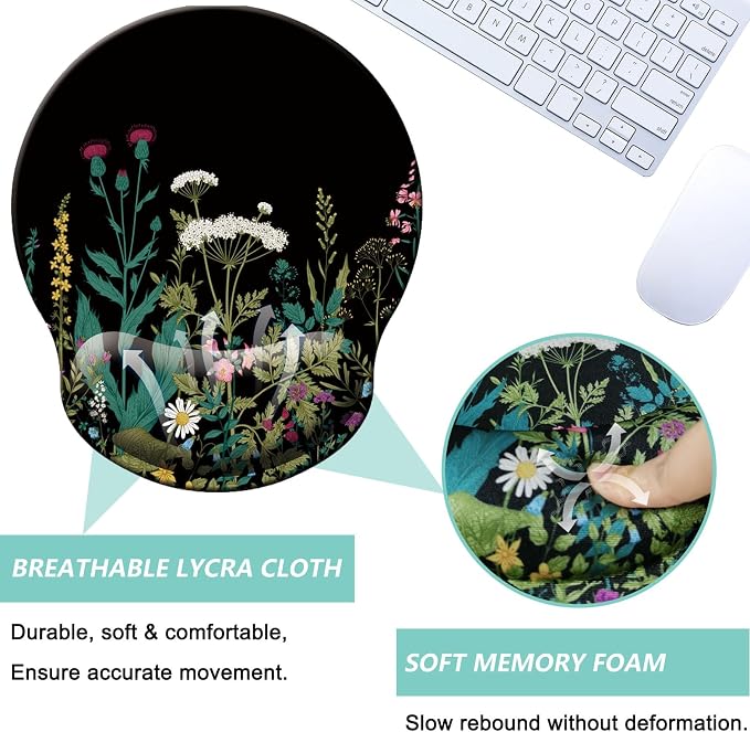 Mouse Pad with Wrist Support, Ergonomic Mouse Pad with Memory Foam Wrist Rest Cushion, Non-Slip Rubber Base Gaming Mice Pad for Home Office Computer Laptop, Flowers Grass