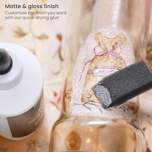 Arteza Decoupage Glue Refill Kit, 1 Gloss- and 1 Matte-Finish Glue, 16-oz Bottles, 3 Foam Brushes, 3 Pairs of Gloves, Art Supplies for Decoupaging on Glass and Furniture, with Fabric and Tissue Paper