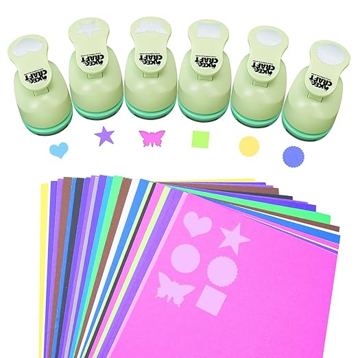 UCEC 6 PCS Craft Hole Punch 1 Inch Paper Puncher, Hole Punch Shapes Crafting Designs DIY for Kindergarten Teacher Office Supplies, 6 Different Shapes Set with 30PCS Craft Paper