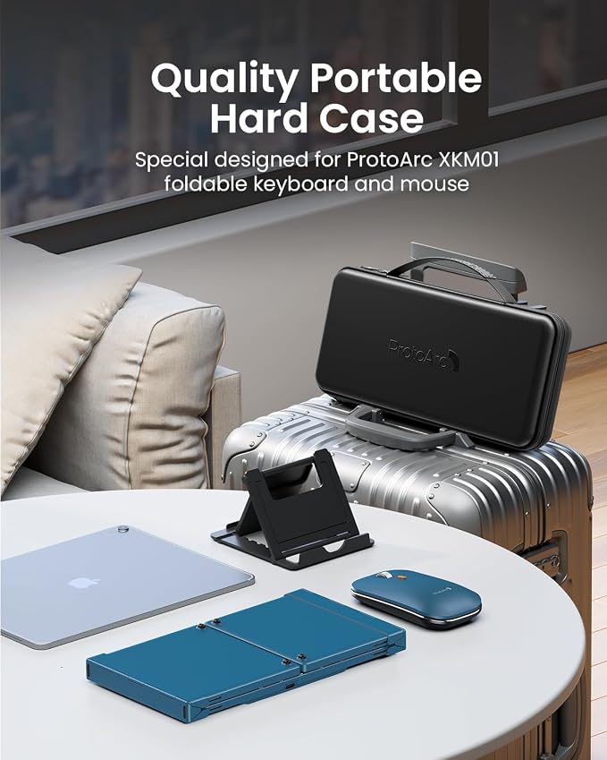 ProtoArc XKM01 Full-Size Foldable Keyboard Mouse Combo for Travel - Blue | 105-key keyboard, slim mouse, hard case and phone stand; 3-device Bluetooth & 2.4G switching, for travel office use