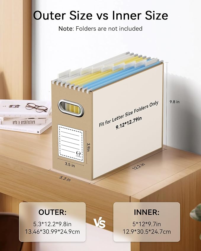Portable Collapsible Cardboard File Box with Handle for Letter-Size | 2-Pack. Stainless Steel Handle. Label Stickers Included. Fits Letter Folders (Not Included). Home, Office, School, Dorm, Tax.