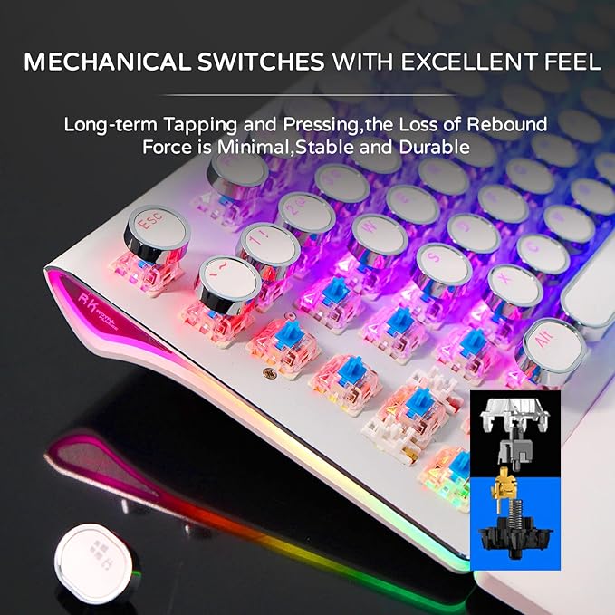 RK ROYAL KLUDGE S108 Typewriter Style Mechanical Gaming Keyboard with RGB Backlit, Wired PC Game Keyboard Full Size with Detachable Wrist Rest and Number Pad, Retro Round Keycaps, Red Switches White