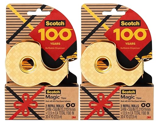Scotch 100-Year Anniversary Limited Edition Gold Tape Dispensers, Includes 4 Rolls of Scotch Magic Tape (3/4 in x 550 in, 66% Plant-Based Adhesive), Refillable, 2 Dispensers