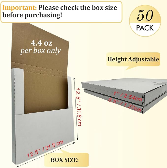 50 Pack 12.5×12.5×1" Vinyl Record Mailers, Height-Adjustable for LPs | SZYANGDA Corrugated Shipping Boxes for 12 inch Lp Albums, Sturdy White Cardboard for Secure Shipping (YD1201E50)