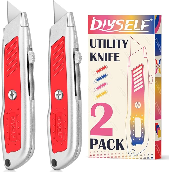 DIYSELF 2-Pack Box Cutters, Utility Knife with SK5 Blades, Portable Box Opener, Box Cutter Retractable for Office, Warehouse, Home, Ergonomic Razor Knife, Exacto Knife (Red)