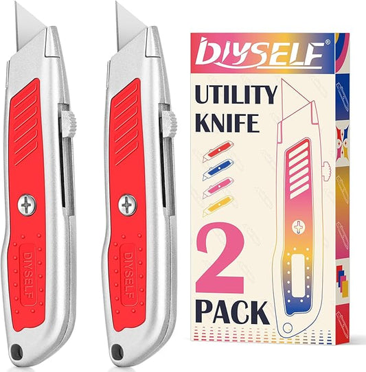 DIYSELF 2-Pack Box Cutters, Utility Knife with SK5 Blades, Portable Box Opener, Box Cutter Retractable for Office, Warehouse, Home, Ergonomic Razor Knife, Exacto Knife (Red)