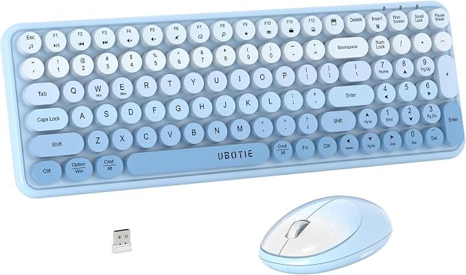 UBOTIE Wireless Keyboards and Mouse Combo (Blue Gradient) | Colorful Gradient Rainbow Color Retro Typewriter Flexible Keyboard, 2.4GHz Connection and Optical Mouse for PC Wins Mac