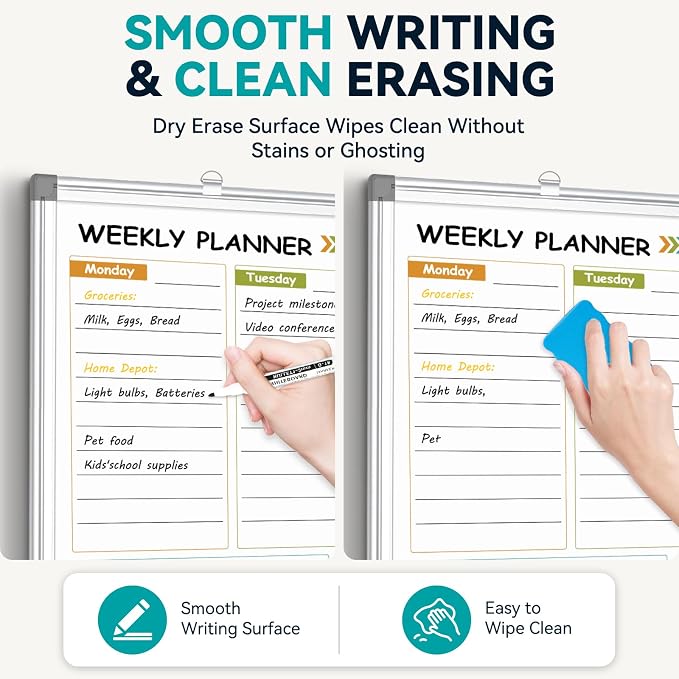 Weekly Dry Erase Calendar Whiteboard with Corkboard, 36" x 24", Silver | Magnetic, White Board Cork Board Combo, Double Sided, Wall Mounted, Aluminum Frame, for Home, Office, Kitchen, Dorm