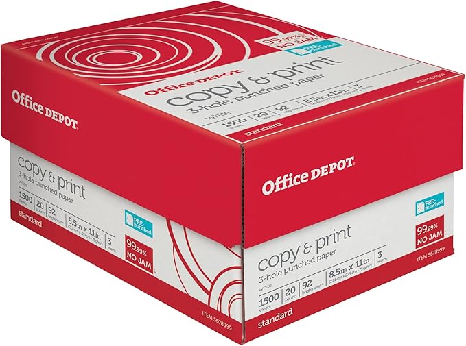 Office Depot® 3-Hole Punched Multi-Use Printer & Copy Paper, 3 Reams, White, Letter (8.5" x 11"), 1500 Sheets Per Case, 20 Lb, 92 Brightness