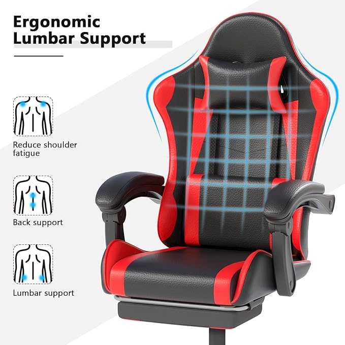 Gaming Chair with Headrest and Lumbar Support, Ergonomic High Back Office Chair, Racing Style Executive Computer Desk Chair, Leather Adjustable Swivel Task Chair for Home Office (Red Black)