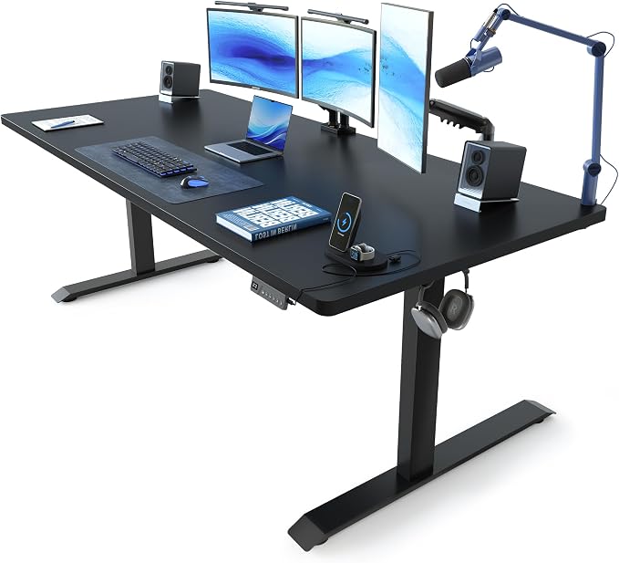 FEZIBO Standing Desk 63 × 37 Inch Electric Height Adjustable, Black | 1" Thick Large Adjustable Desk with Integrated Dual-Beam, Cable Management, Computer Desk for Home Office Workstation