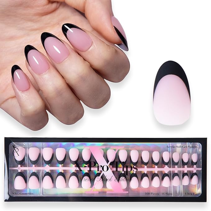 SXC Cosmetics French Tip Press On Nails 150 Pieces in 15 Sizes Ultra Fit with Pre-applied Tip Primer and Base Coat, No Need to File Fake Nails for Nail Art DIY X-Pro Tips (BLACK114-S Almond)