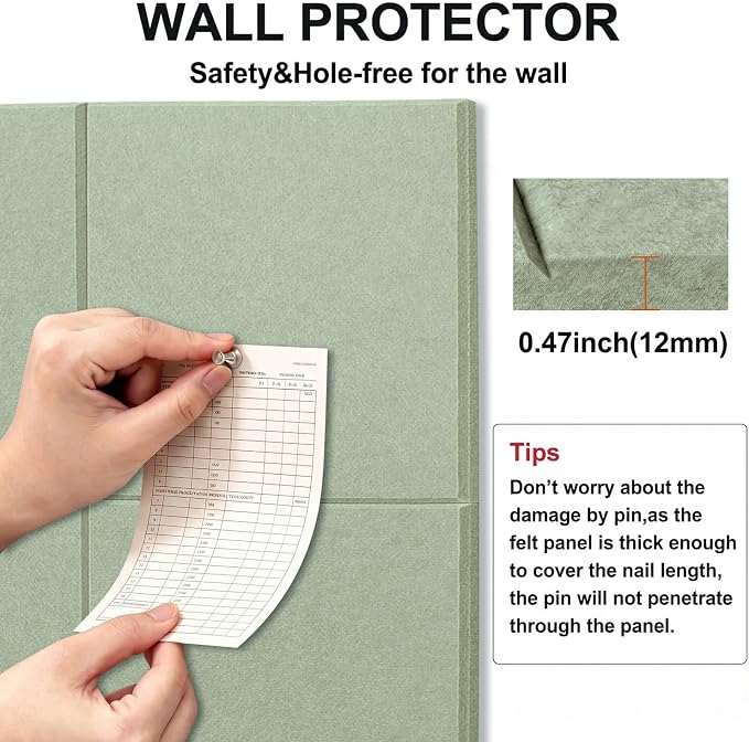 0.47" Thick Felt Wall Tiles 36"x24" Cork Board Alternative 6 Pack 11.81"x11.81"Felt Bulletin Board Pin Board with Removable Adhesive Tape&30 Pushpins for Home Office School(Flat-Sage)
