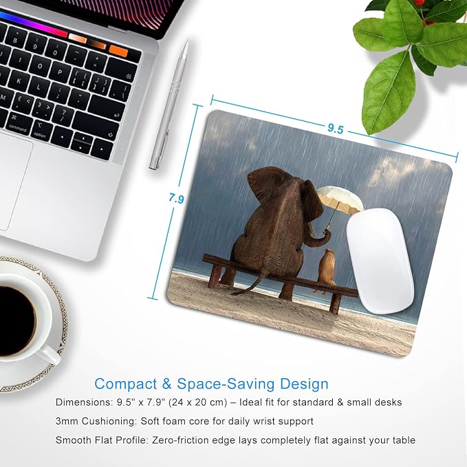 Elephant and Dog Mouse Pad, 9.5"x7.9" Non-Slip Small Computer Pad | Personalized mousepad with elephant & dog design. Premium smooth cloth surface, 3mm cushion & non-slip rubber base.