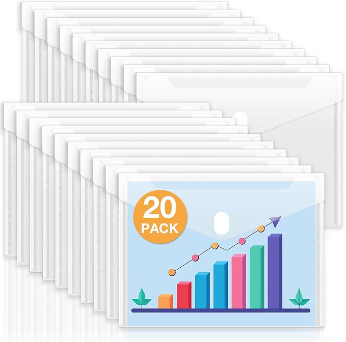 Sooez 20 Pack Plastic Envelopes File Folders, Rainforced Clear Folder Important Document Organizer, A4 Letter Size Bill Receipt Paper Holder Organizer Folder with Closure for School Office