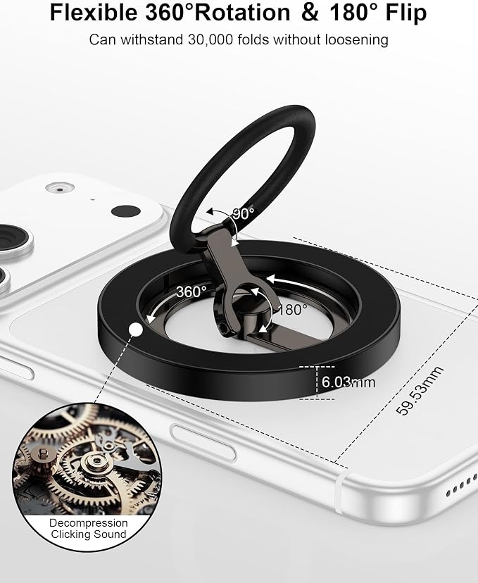 Dual-Sided Magnetic Phone Ring Grip for Apple iPhone 17 16 15 Pro, Android | iPhone Ring Holder Grip 360° Rotatable Mag Safe Kickstand Accessory for iPhone 17/16/15/14/13/12, Samsung, Mag Car Mount