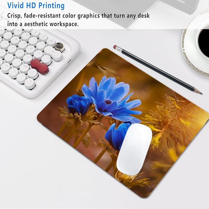 Blue Flower Mouse Pad, 9.5"x7.9" Non-Slip 3mm Small Desk Mat | Personalized printed square mousepad with blue flowers. Clean-cut flush edges & premium smooth cloth for gaming or office.