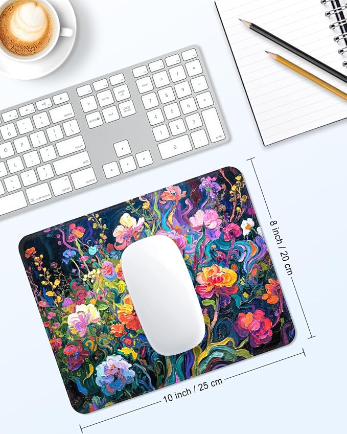 Mouse Pad, Cute Mouse Mat, 10" x 8", Colorful Oil Painting Flower | Square Waterproof Gaming Computer Mat, Textured Top, Stitched Edges, Non-Slip Rubber Base for Office Home Laptop Keyboard