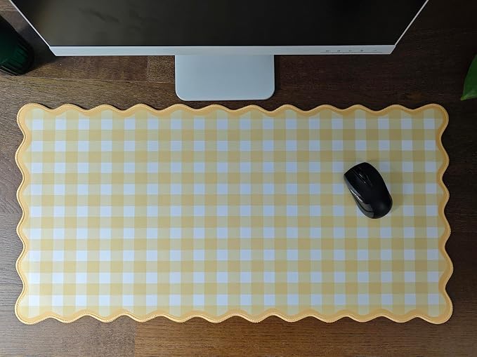 Scalloped‌ Checkered Gingham Desk Mat Cute Yellow Pastel Large Mouse Pad Kawaii Cottagecore ‌Vintage‌ Deskmat Girly Keyboard Computer Mat Aesthetic Desk Pad Office Decor for Women