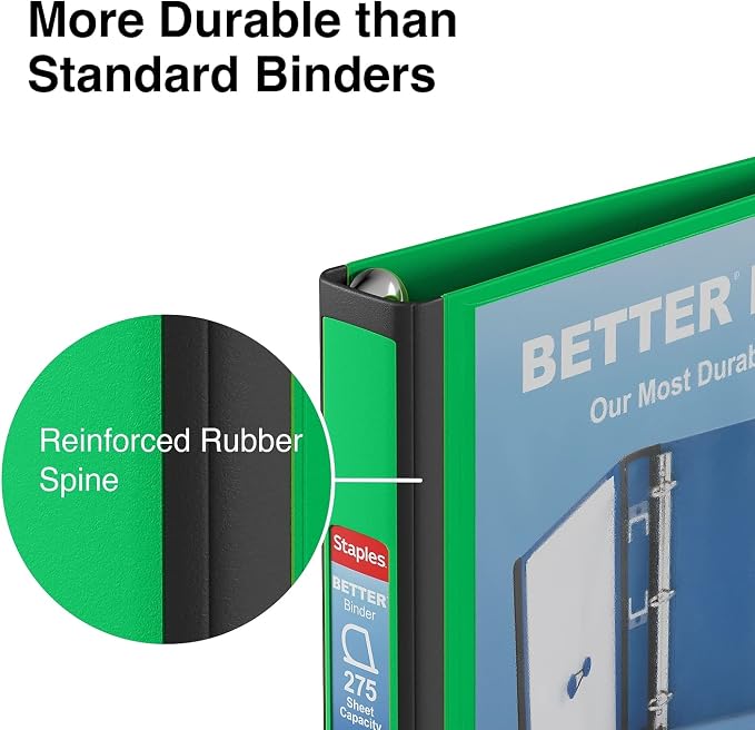 Staples Better Binder, 1" D‑Ring Heavy‑Duty 3‑Ring Binder, Green, Reinforced Spine, 275‑Sheet Capacity, Durable for School, Office & Reports, 3‑Pack