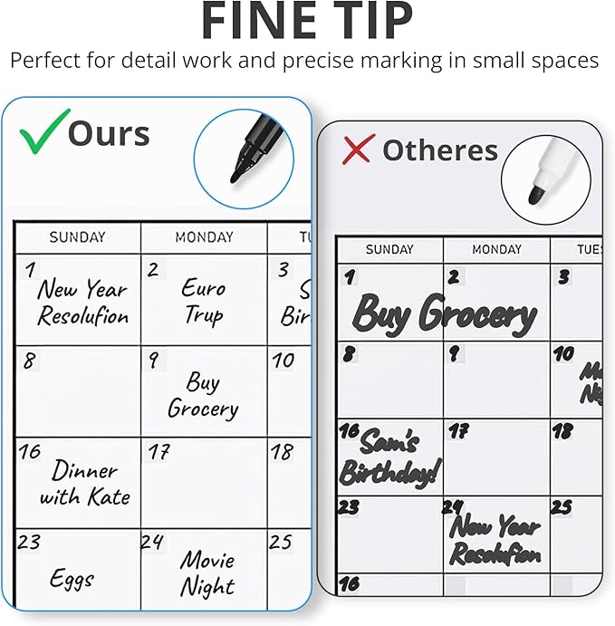 Taja Magnetic Dry Erase Whiteboard Markers, 8 Count Black Fine Tip Thin Dry Erase Markers with Eraser for Home Office School Supplies-Black