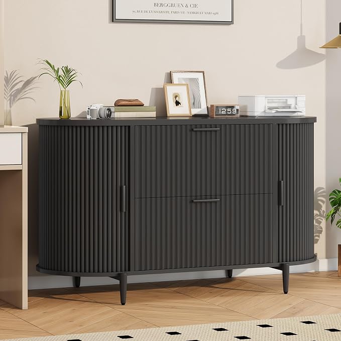 SEDETA Fluted 2 Drawer Filing Cabinet with 2 Sliding Door for Home Office | 39.4" File Cabinet for Home Office,fit Legal/Letter/A4 Siz,Modern File Cabinet with 2 Drawers,Printer Stand,Black