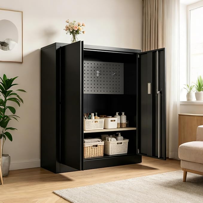 Marcree Digital Storage Cabinet, Metal Storage Locker with Dual Alarm System, Black File Storage Cabinet with Door and Adjustable Shelves for Home Office, Pegboard, Hooks, 43.3" H *35.43" W *15.75" D