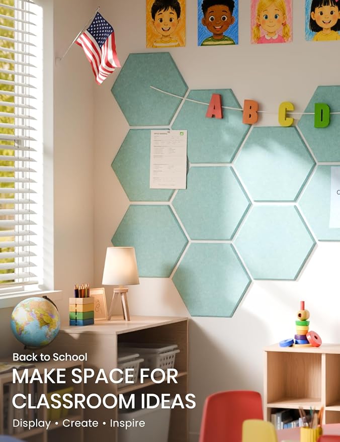 Fluxynara 12-Pack Hexagon Felt Bulletin Board Tiles, Teal Blue-1 | Cork Board Alternative with 60 Adhesive Tabs for Notes, Photos and Reminders in Home Offices, Dorm and Classrooms